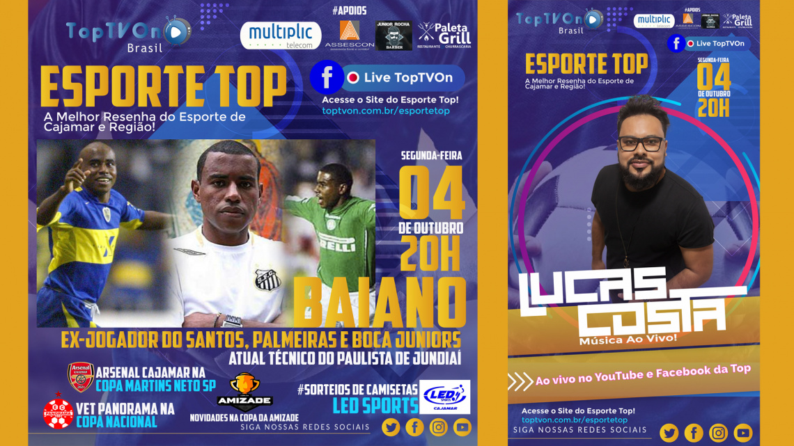 Programa Esporte Top Segunda-Feira 04/10/2021 20h COM BAIANO EX-JOGADOR DO SANTOS, PALMEIRAS E BOCA JUNIORS #LiveTopTVOn